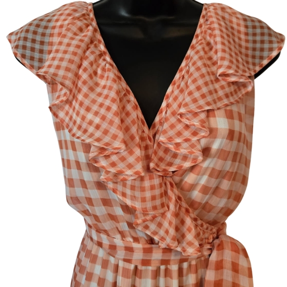 Gingham Ruffle Wrap Dress - Orange - Picture 4 of 8